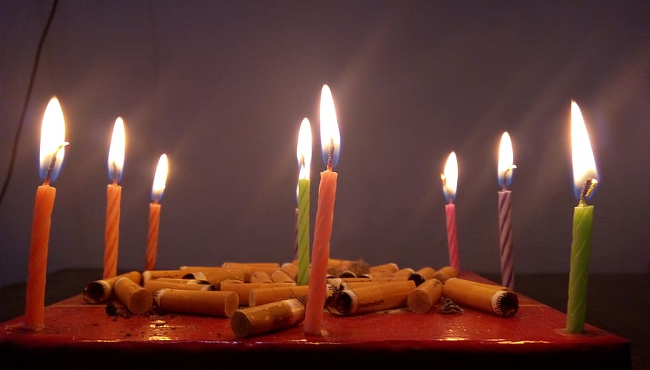 rokok, selamat ulang tahun, lilin, api, pembakaran, perayaan, makanan dan minuman, ulang tahun, makanan, manis