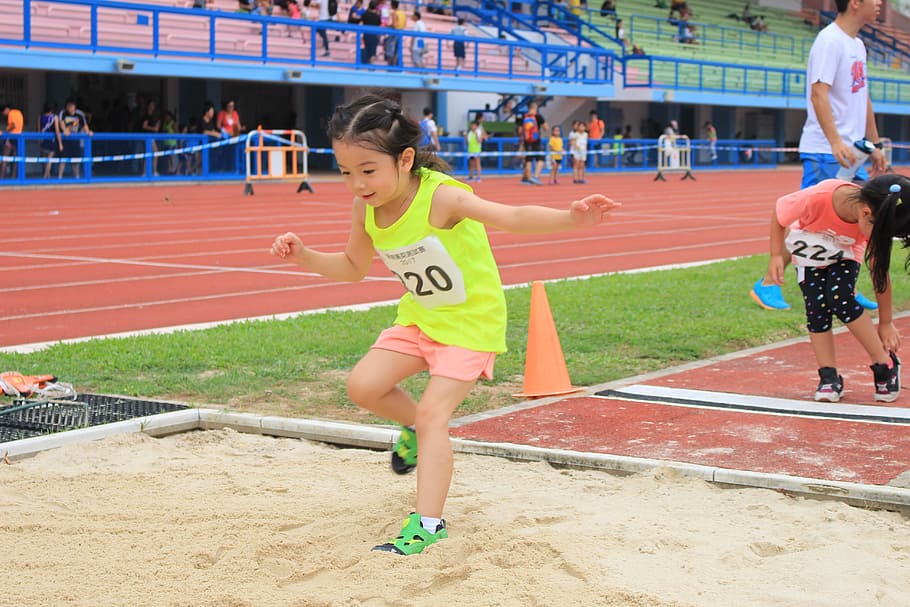 jump, long jump, field, athlete, sport, young, jumping, girl, kids, competition