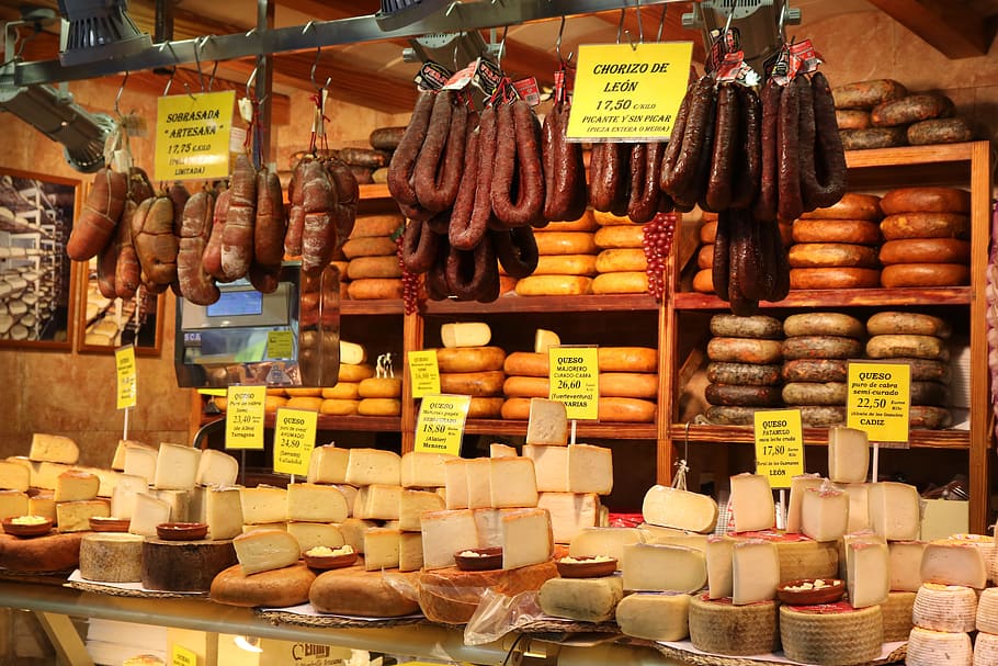 pastry, sausage, hanged, counter, cheese, ham, market hall, palma, palma de mallorca, market