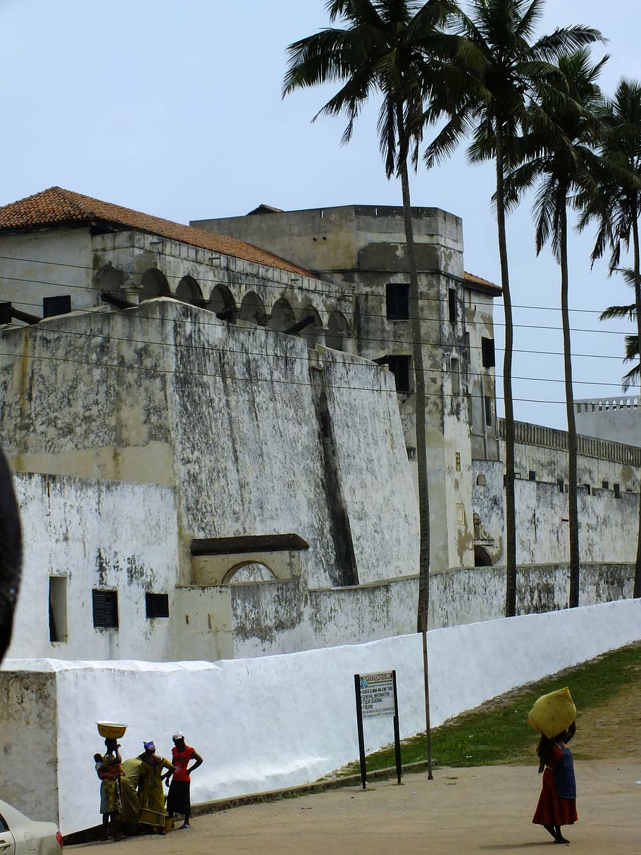 africa, african history, african monument, slave fortress, ghana, elmina, palm, built structure, architecture, sky