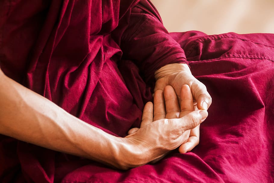 man, wearing, red, clothes, meditation, theravada buddhism, meditating hand posture, buddhism, theravada, religious