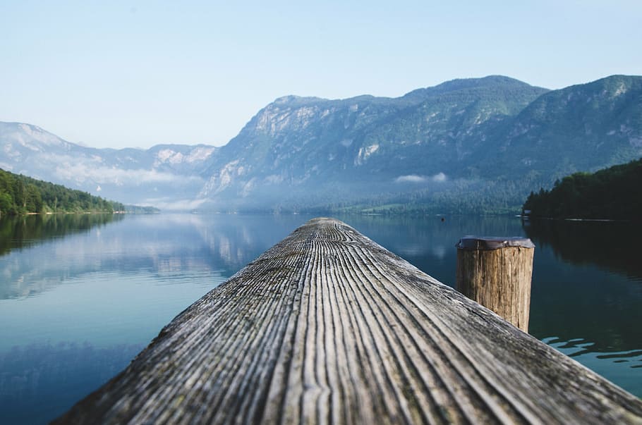 brown, wooden, dock, body, water, landscape, photography, lake, wood, log