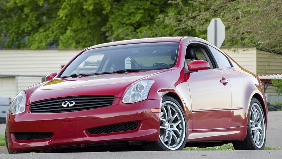 g35, infiniti, car, coupe, red, sporty, automobile, parking, vehicle, park
