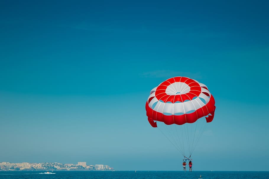 Fun, Balloon, Sport, Beach, Fly, summer, red, white, sky, boat
