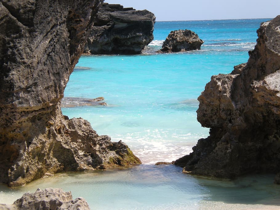 rock cliffs, surrounding, body, water, bermuda, ocean, scenic, rocks, pink, scenery
