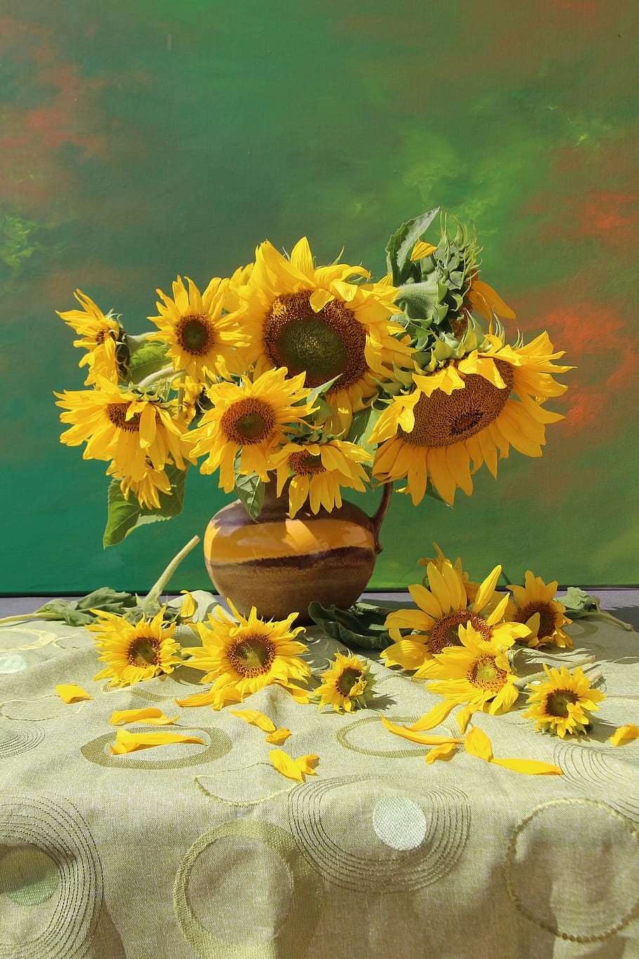 sunflower, brown, vase, bouquet, still life, flowers, close, flower vase, decoration, beautiful