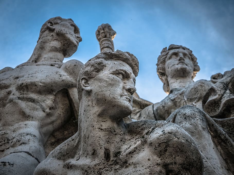 three, men statues, blue, sky, statue, rome, italy, europe, architecture, monument