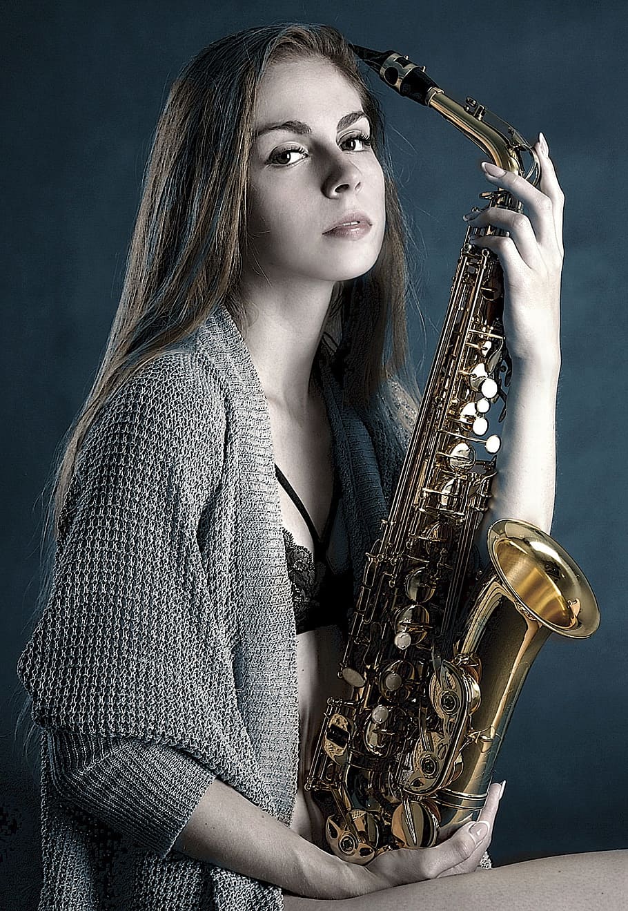 woman, holding, brass saxophone photography, brass, saxophone, girl, portrait, playing, music, beauty