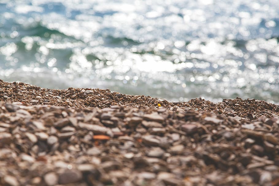 seletivo, fotografia de foco, beira mar, foco, fotografia, marrom, areia, praia, rochas, costa