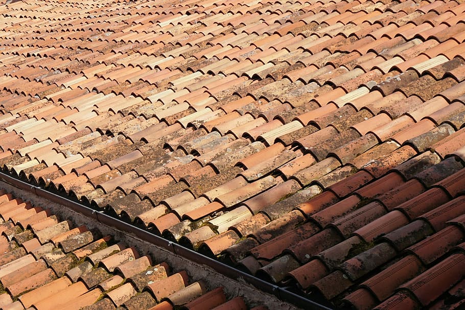 Roof Tiles, Building, Covered, roof, building exterior, outdoors, backgrounds, architecture, full frame, pattern
