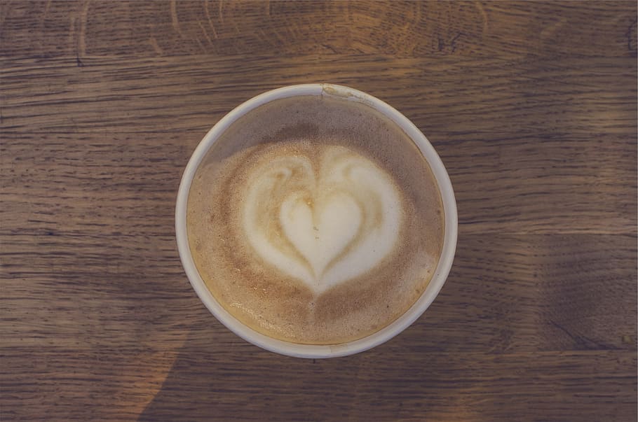 coffee, latte, cappuccino, milk, froth, foam, heart, wood, drink, refreshment
