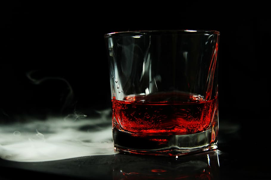 rocks glass, filled, red, liquid, illuminator, cup, commercial photography, glass, drink, alcohol