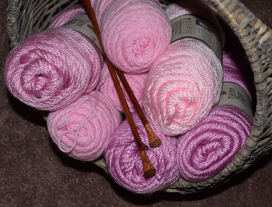 Pink, Yarn, Knitting Needles, Basket, pink yarn, knitting, crochet, fiber arts, craft, material
