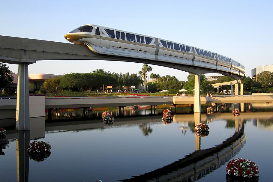 body of water, Monorail, Transport, Transportation, disney, epcot, reflection, lagoon, sunset, train