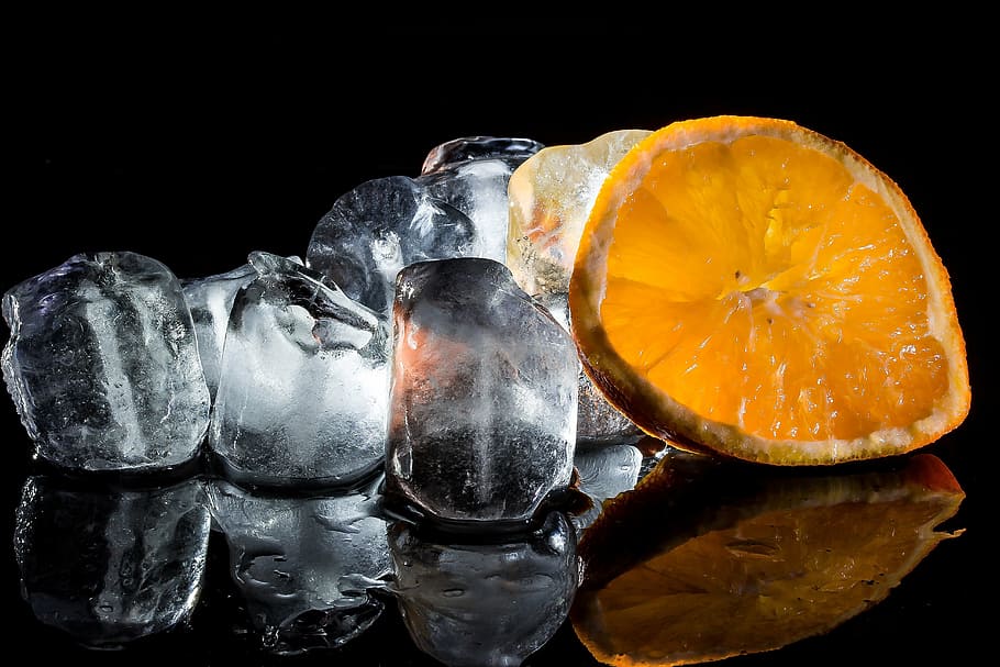 lemon, ice cubes, frozen water, cold, frozen, melt, orange slices, refreshment, mirroring, shiny