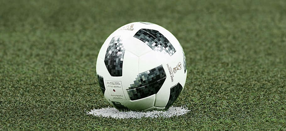 white, black, soccer ball, grass field, football, kick-off, beginning, center, ball, sport