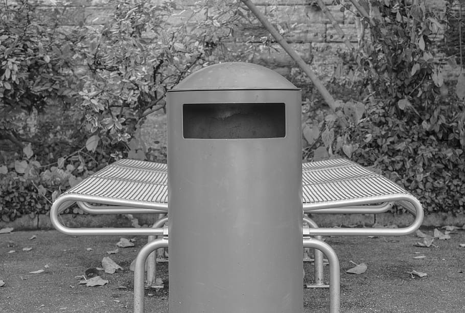 garbage, garbage can, bank, bench, park bench, art, black, white, container, waste bin