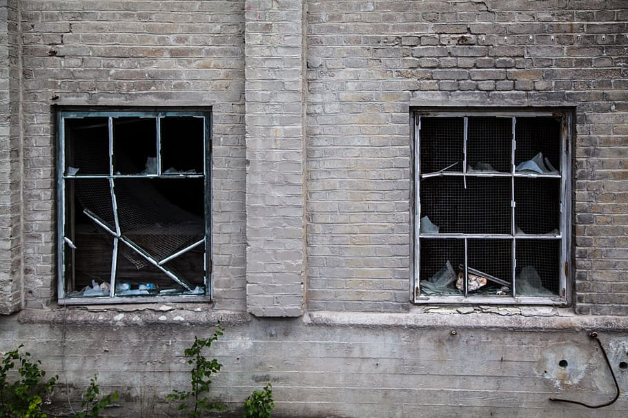 gray concrete building, gray, concrete, building, broken windows, destruction, factory, abandoned, windows, broken