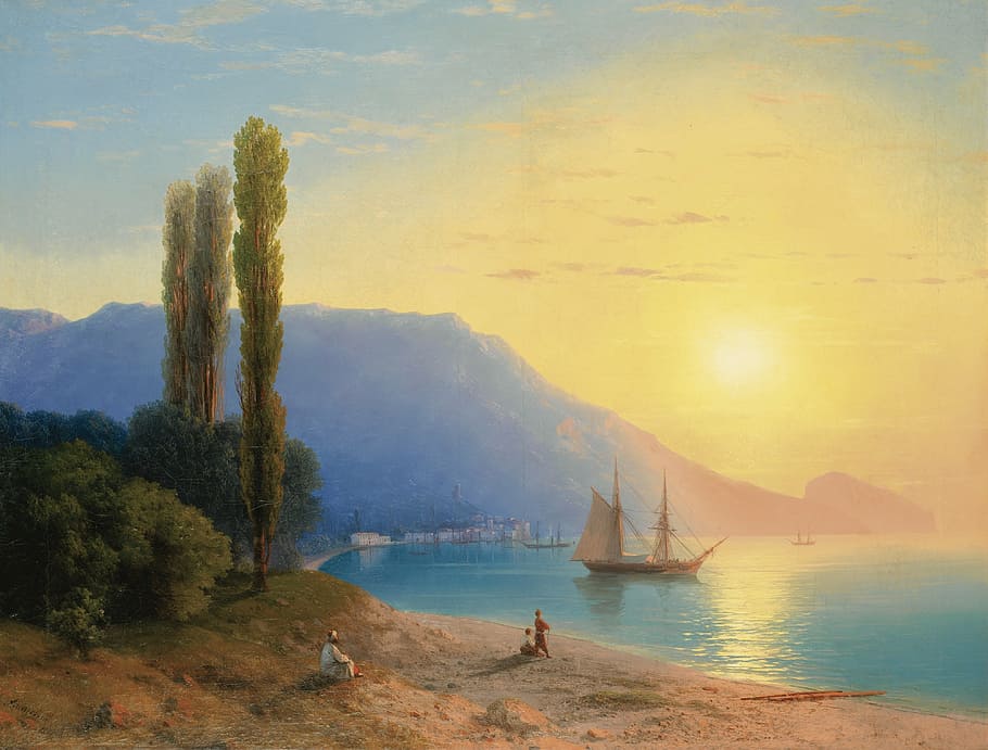 green, trees, boat, beach painting, ivan alvazovsky, landscape, painting, art, artistic, artistry