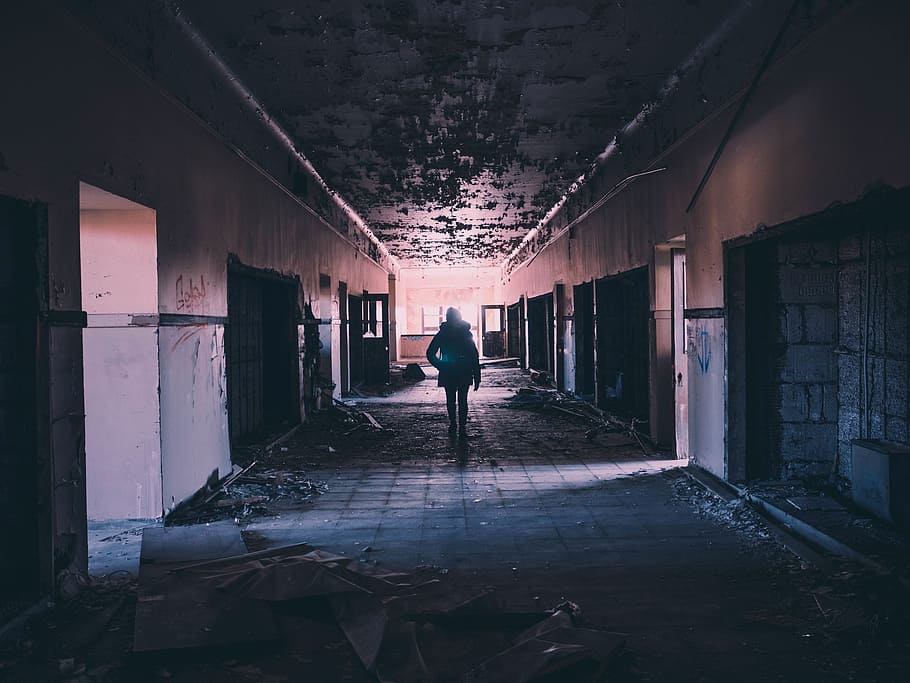 man, walking, ceramic, floor building, hallway, abandoned, damaged, deserted, broken, messy