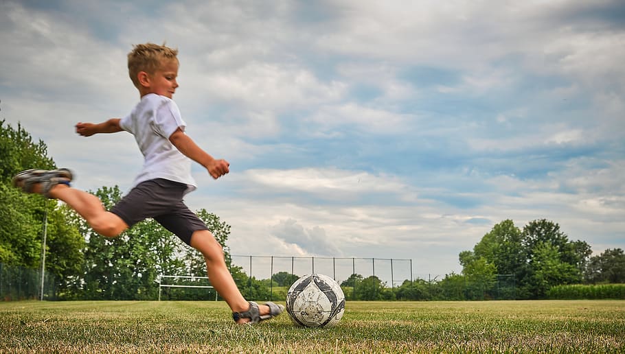football, child, shot, play, sport, boy, grass, rush, field, kick