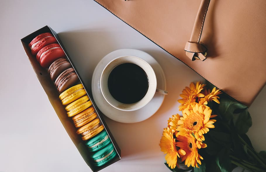 coffee, cup, saucer, colorful, pastry, sweets, macaroon, dessert, flower, bag