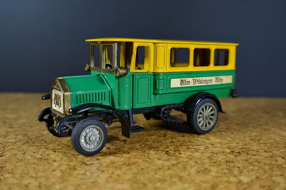 Ônibus, Um, Automático, Modelo, Oldtimer, verde, amarelo, transporte, modo de transporte, veículo terrestre