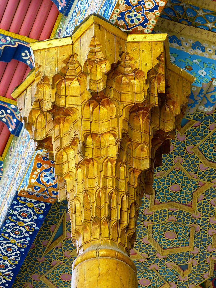 pillar, wood, carving, decorated, bolo hauz, mosque, arts crafts, columnar, bukhara, uzbekistan