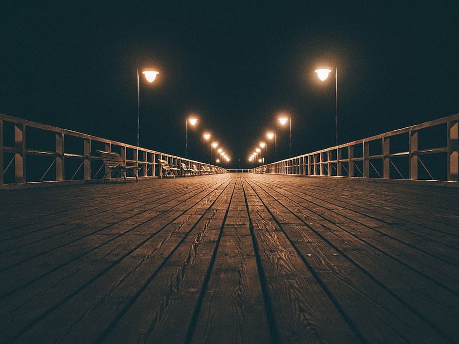brown, wooden, dock, night time, wood, boardwalk, pier, night, evening, foggy
