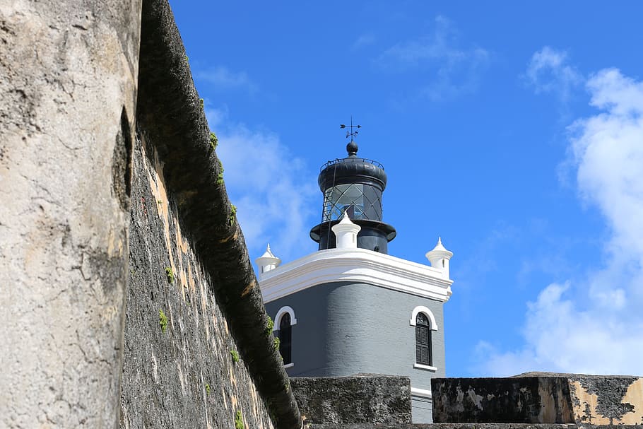 low, angle photography, blue, concrete, building, san juan, puerto rico, lighthouse, architecture, built structure