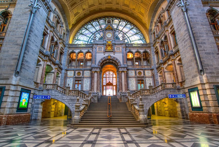 gray, concrete, building, interior, Antwerp, Hall, Building, station hall, station, hall, railway
