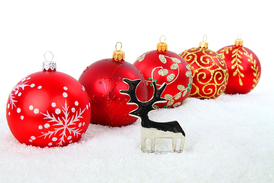 five, red, baubles, silver reindeer decor, Metal, Ball, Bauble, Celebration, christmas, decoration