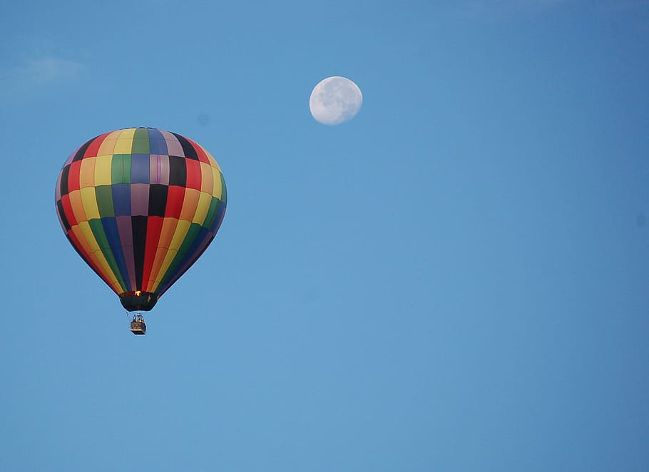 hot air balloon, moon, sky, travel, transport, outdoors, fly, flying, mid-air, multi colored