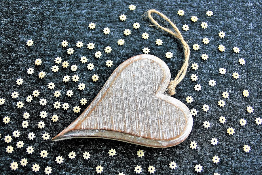 brown, wooden, heart, hanging, decor, black, textile, white, flowers, wooden heart