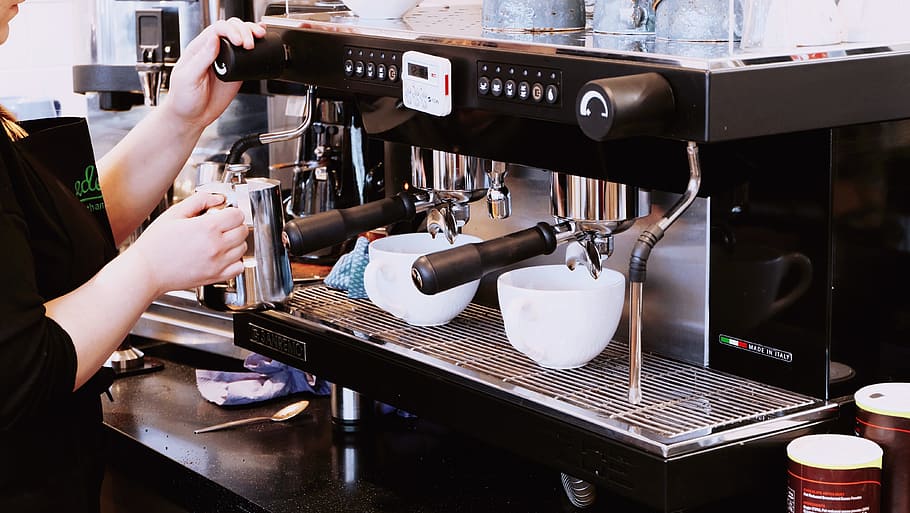 black, grey, espresso maker, two, white, ceramic, teacups, beverage, café, coffee machine