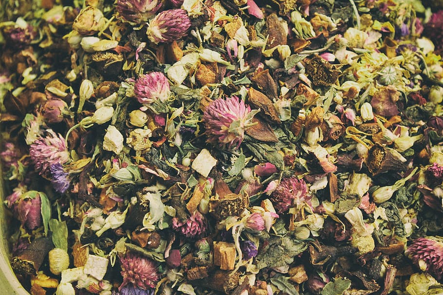 berbagai macam bunga, teh, daun, campuran, minuman, sehat, herbal, kering, organik, tumpukan