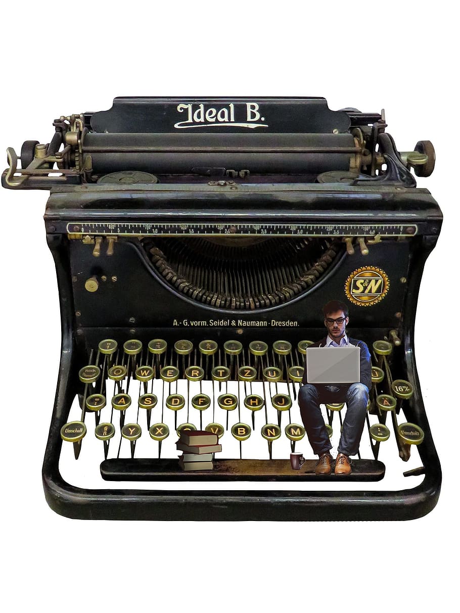 man, sitting, typewriter poster, typewriter, writer, retro, vintage, old, type, paper