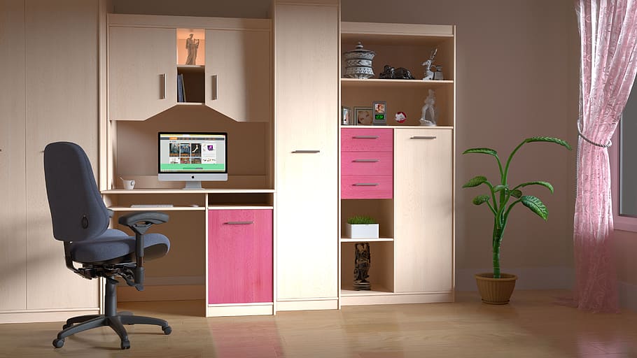 casa, interior, diseño, estante, gabinete, computadora, manzana, tecnología, silla, mueble