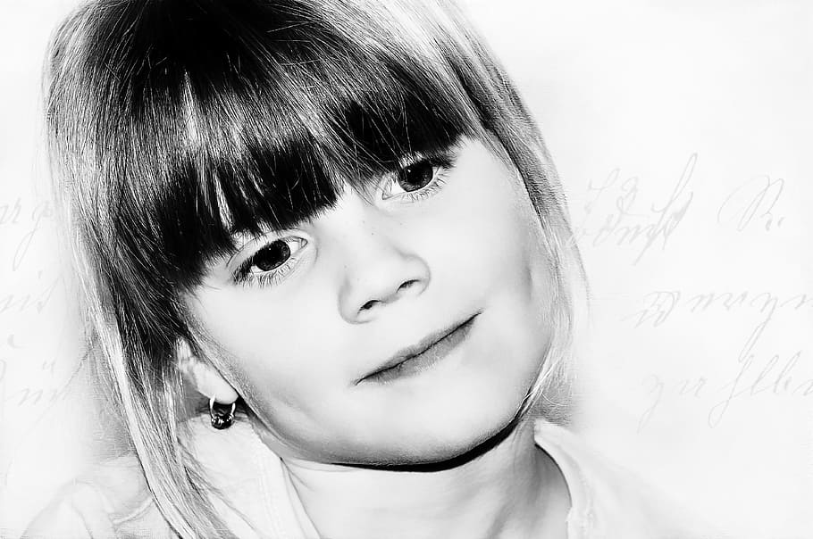 Child, Girl, Face, View, Dreamy, black and white recording, painting, digital painting, black And White, people