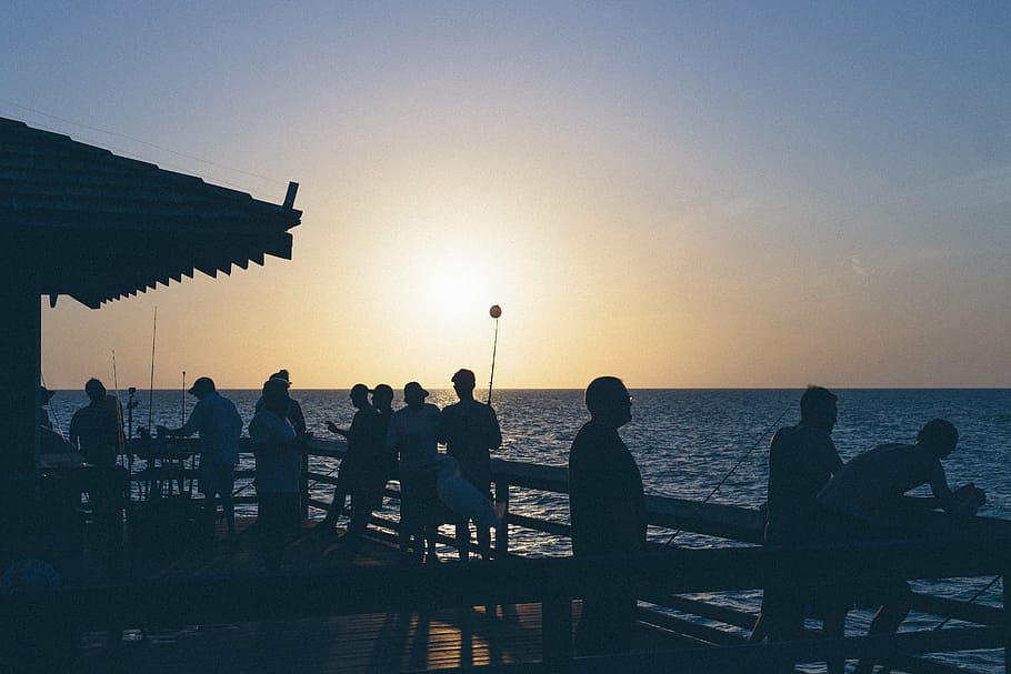 silhouette, people, standing, dock, daytime, beach, walk, railings, golden, hour
