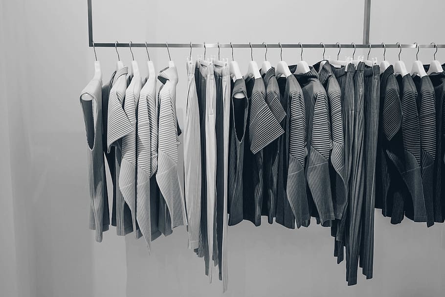 grayscale photo, organized, cloth lot, blouse, clothing, dress, fashion, store, shopping, mall
