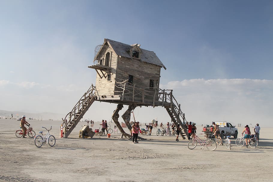 burning man, art, house art, architecture, desert, festival, group of people, sky, real people, crowd