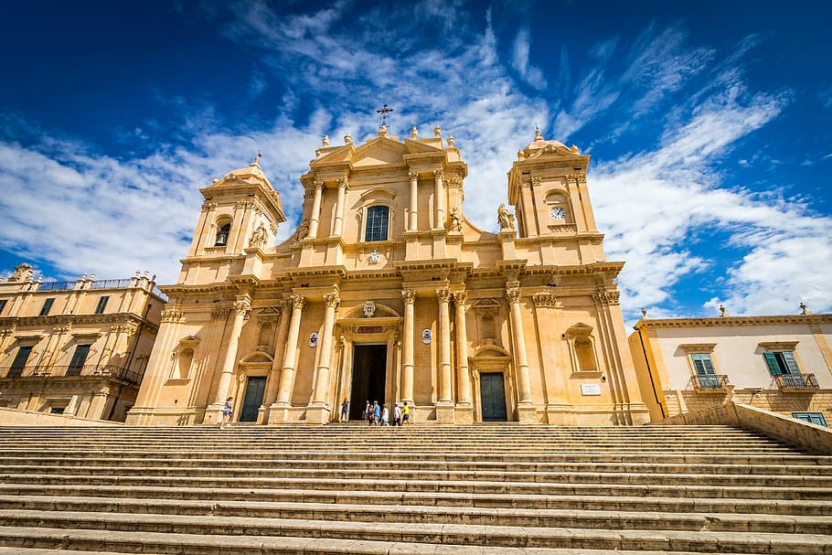 beige, building, cloudy, blue, sky, cathedral, noto, sicily, baroque, church