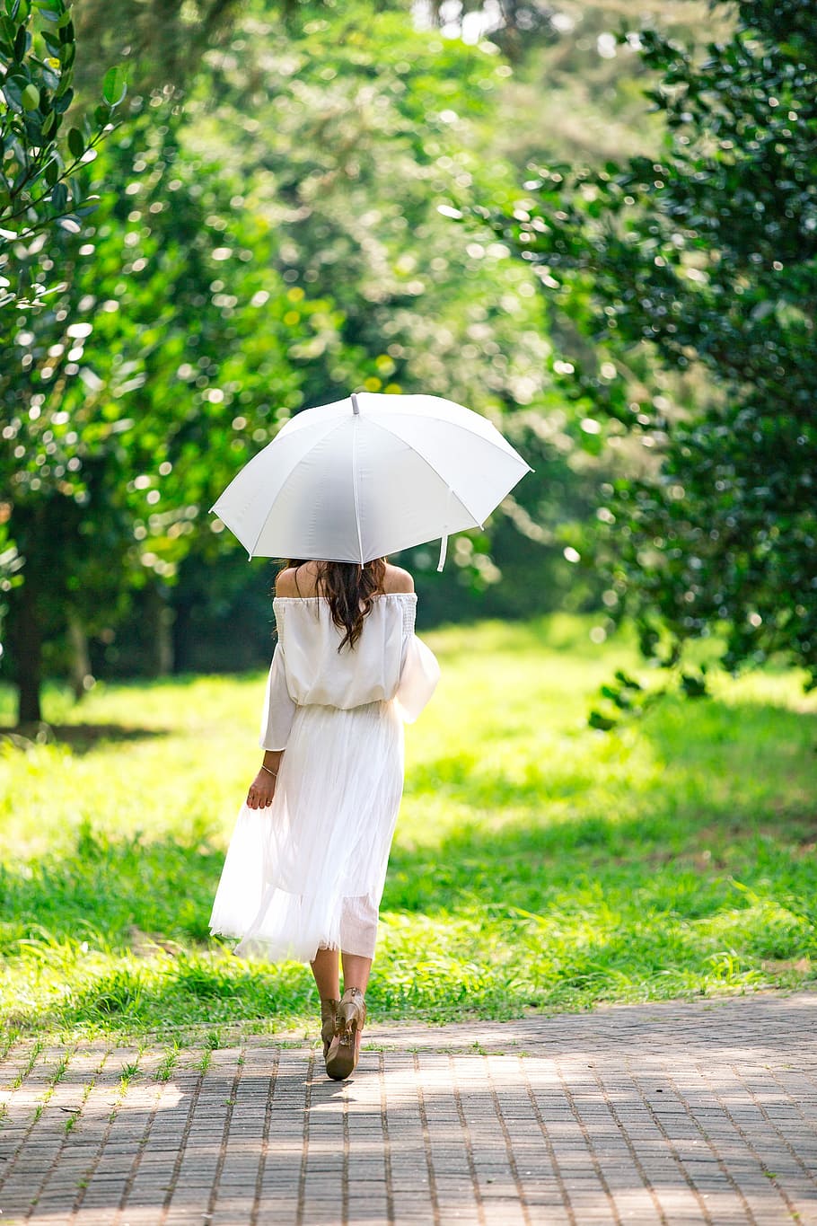 woman, walking, brick pavement, umbrella, day, nature, summer, outdoors, people, grass