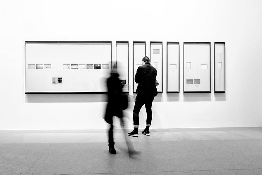 two, person, standing, wall, Exhibition, Museum, Contemporary, gallery, blurred motion, two people