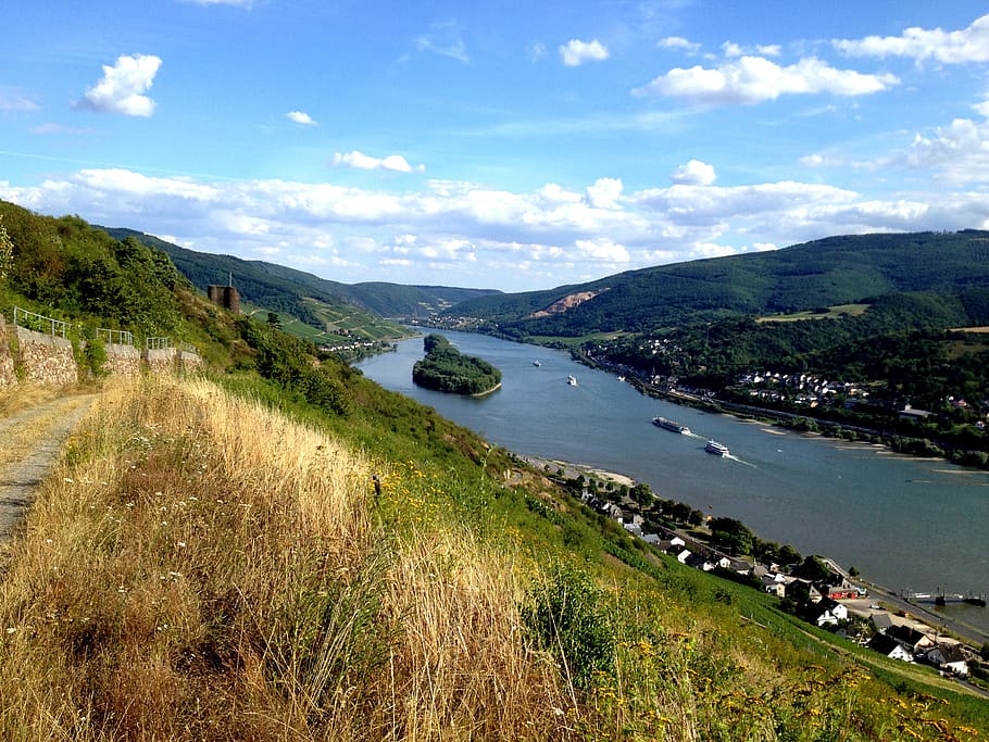 river, rhein, panorama, landscape, sky, blue, clouds, hills, mountains, view
