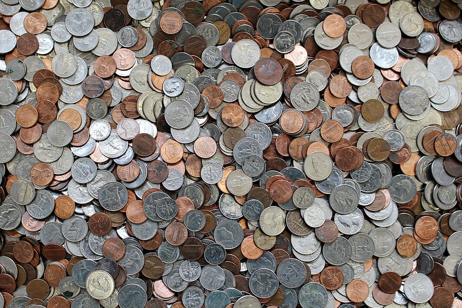 lote variado de monedas, monedas, moneda, dinero, efectivo, mayordomía, cambio, centavos, cuartos, monedas de cinco centavos