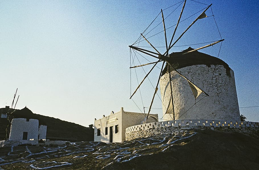greece, ios, greek island, windmill, evening sun, somaia, cyclades, bell tower, architecture, white