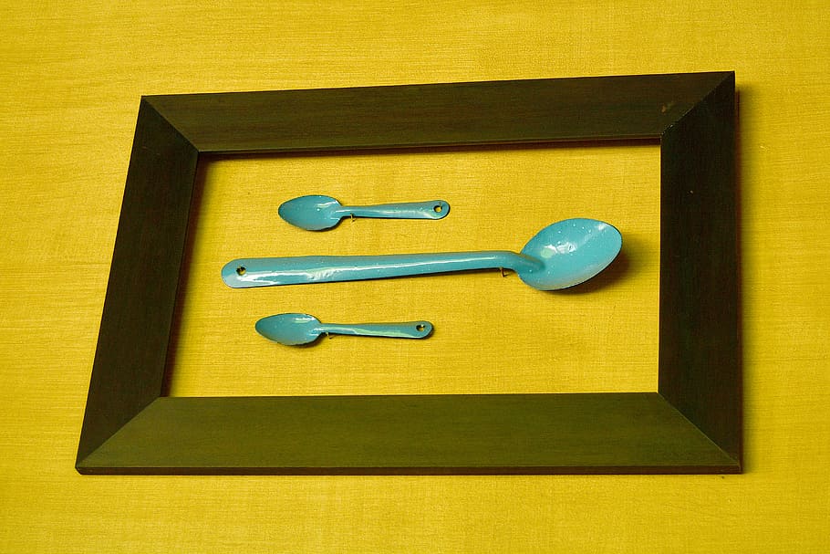 spoons, box, framework, wood - material, indoors, still life, directly above, table, kitchen utensil, blue