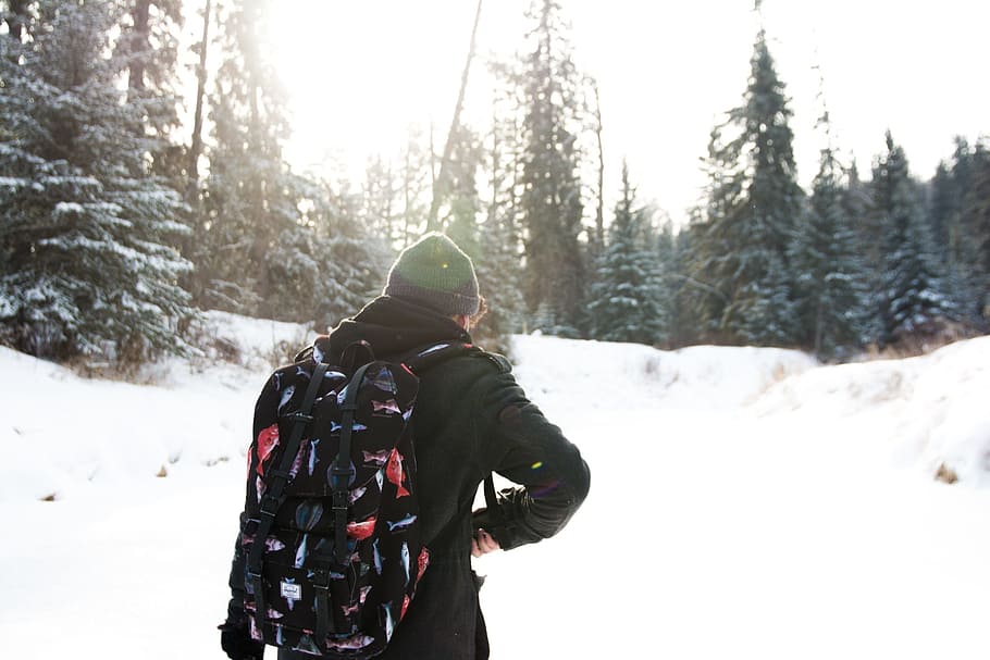 guy, toque, backpack, jacket, beanie, hat, winter, snow, cold, outdoors